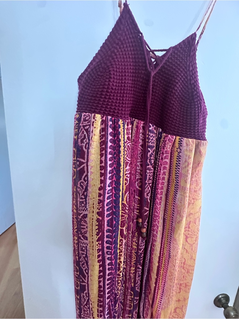 Boho Striped Maxi Dress with Crochet Bodice - Burgundy